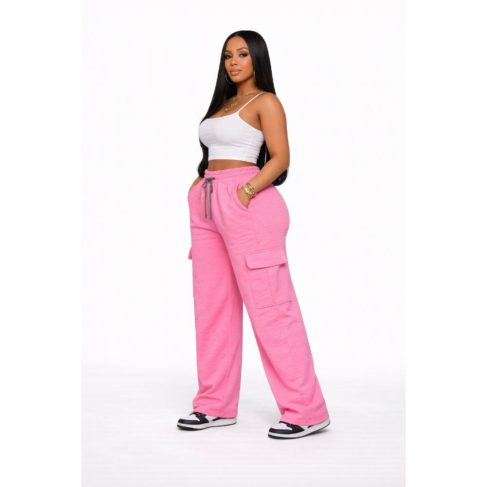Pink Textured Cargo Pants Drawstring Waist Casual Trousers
